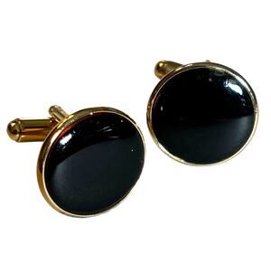 Vintage Mid Century Goldtone & Black Enamel Cufflinks 1970's Mens Suit Jewelry